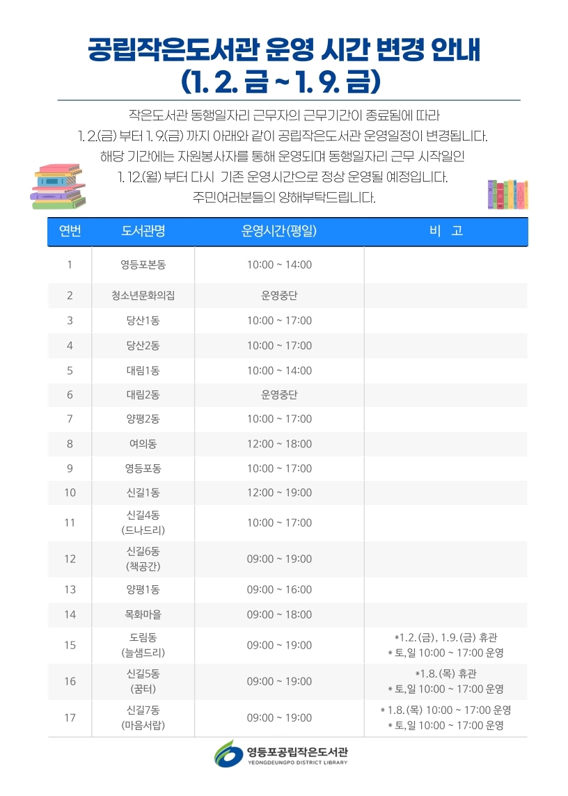 공립작은도서관 운영 시간 변경 안내(＇26.1.2.~1.9.) 1번째 파일