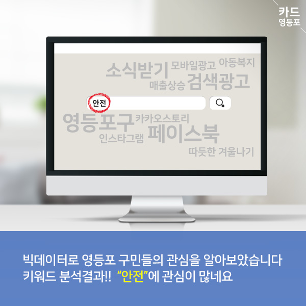 빅데이터로 영등포 구민들의 관심을 알아보았습니다. 키워드 분석결과!! "안전"에 관심이 많네요