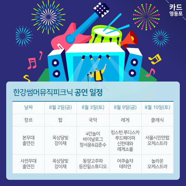  한강썸머뮤직피크닉 공연 일정  날짜 : 8월 2일（금） 장르: 팝 본무대출연진:  옥상달빛 강이채 사전무대출연진:  옥상달빛 강이채