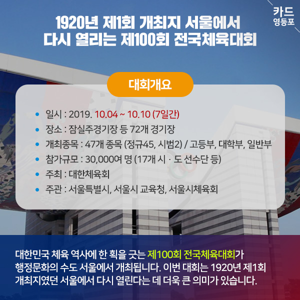  1920년 제1회 개최지 서울에서 다시 열리는 제100회 전국체육대회  대회개요  • 일시 : 2019. 10.04 ~ 10.10 （7일간） | 장소 : 잠실주경기장 등 72개 경기장  • 개최종목 : 47개 종목 （정규45, 시범2） / 고등부, 대학부, 일반부 | • 참가규모 : 30,000여 명 （17개 시·도 선수단 등）  주최 : 대한체육회 • 주관 : 서울특별시, 서울시 교육청, 서울시체육회  대한민국 체육 역사에 한 획을 긋는 제100회 전국체육대회가 행정문화의 수도 서울에서 개최됩니다. 이번 대회는 1920년 제1회 개최지였던 서울에서 다시 열린다는 데 더욱 큰 의미가 있습니다.