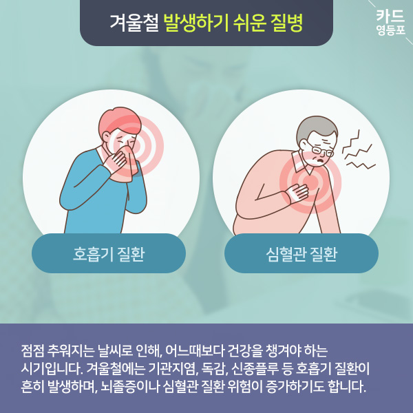  겨울철 발생하기 쉬운 질병   호흡기 질환  심혈관 질환  점점 추워지는 날씨로 인해, 어느때보다 건강을 챙겨야 하는 시기입니다. 겨울철에는 기관지염, 독감, 신종플루 등 호흡기 질환이 흔히 발생하며, 뇌졸증이나 심혈관 질환 위험이 증가하기도 합니다.