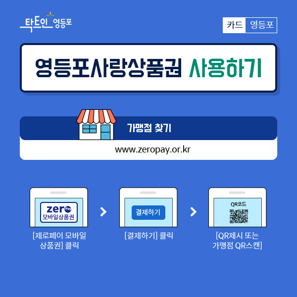 영등포사랑상품권 사용하기 가맹점 찾기 www.zeropay.or.kr 제로페이 모바일 상품권 클릭 결제하기 클릭 QR제시 도는 가맹점 QR스캔