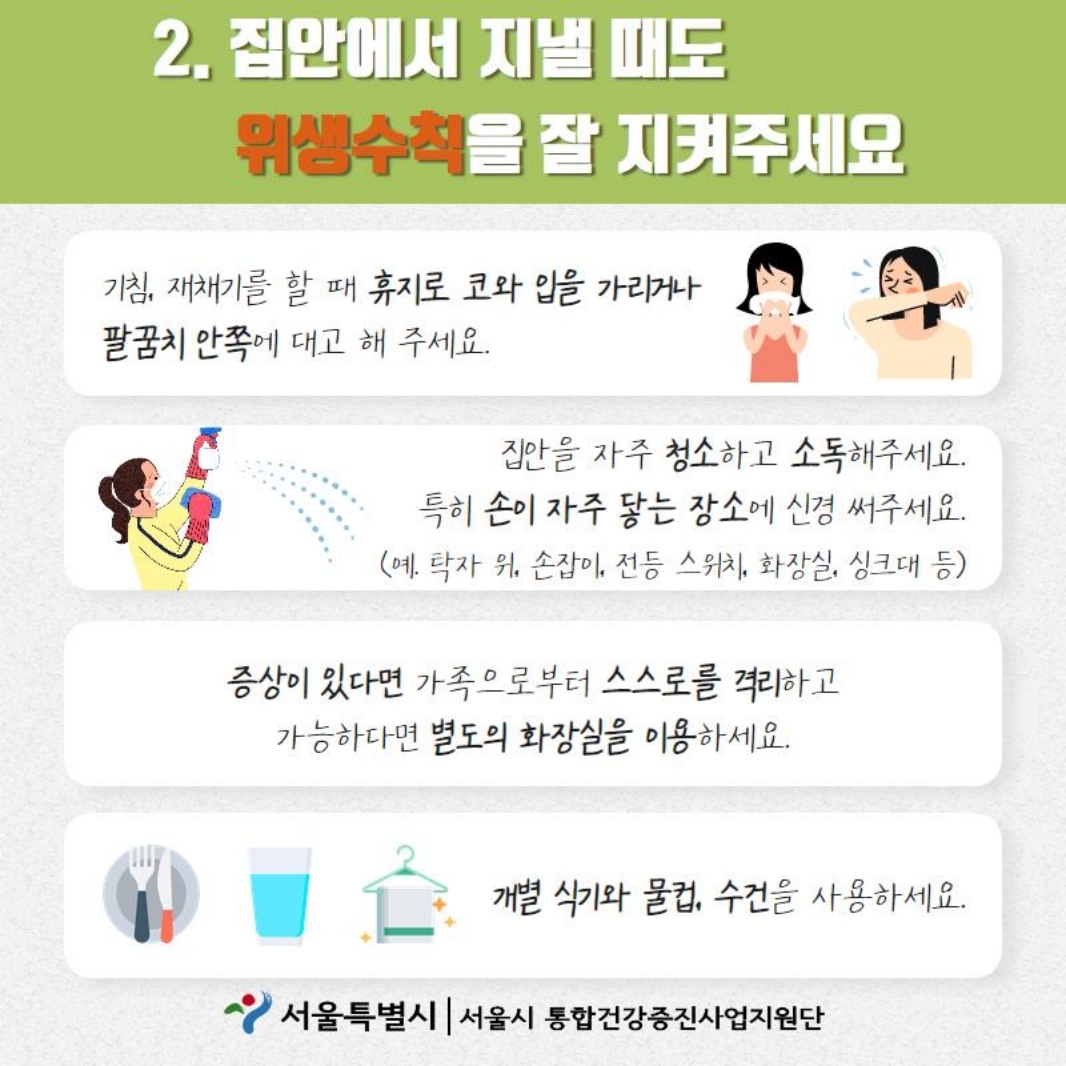 2. 집안에서 지낼 대도 위생수칙을 잘 지켜주세요. 기침, 재채기를 할 때 휴지로 코와 입을 가리거나 팔꿈치 안쪽에 대고 해 주세요. 집안을 자주 청소하고 소독해주세요. 특히 손이 자주 닿는 장소에 신경써주세요.(예.탁자 위, 손잡이, 전등 스위치, 화장실, 싱크대 등) 증상이 있다면 가족으로부터 스스로를 격리하고 가능하다면 별도의 화장실을 이용하세요. 개별 식기와 물컵, 수건을 사용하세요. 