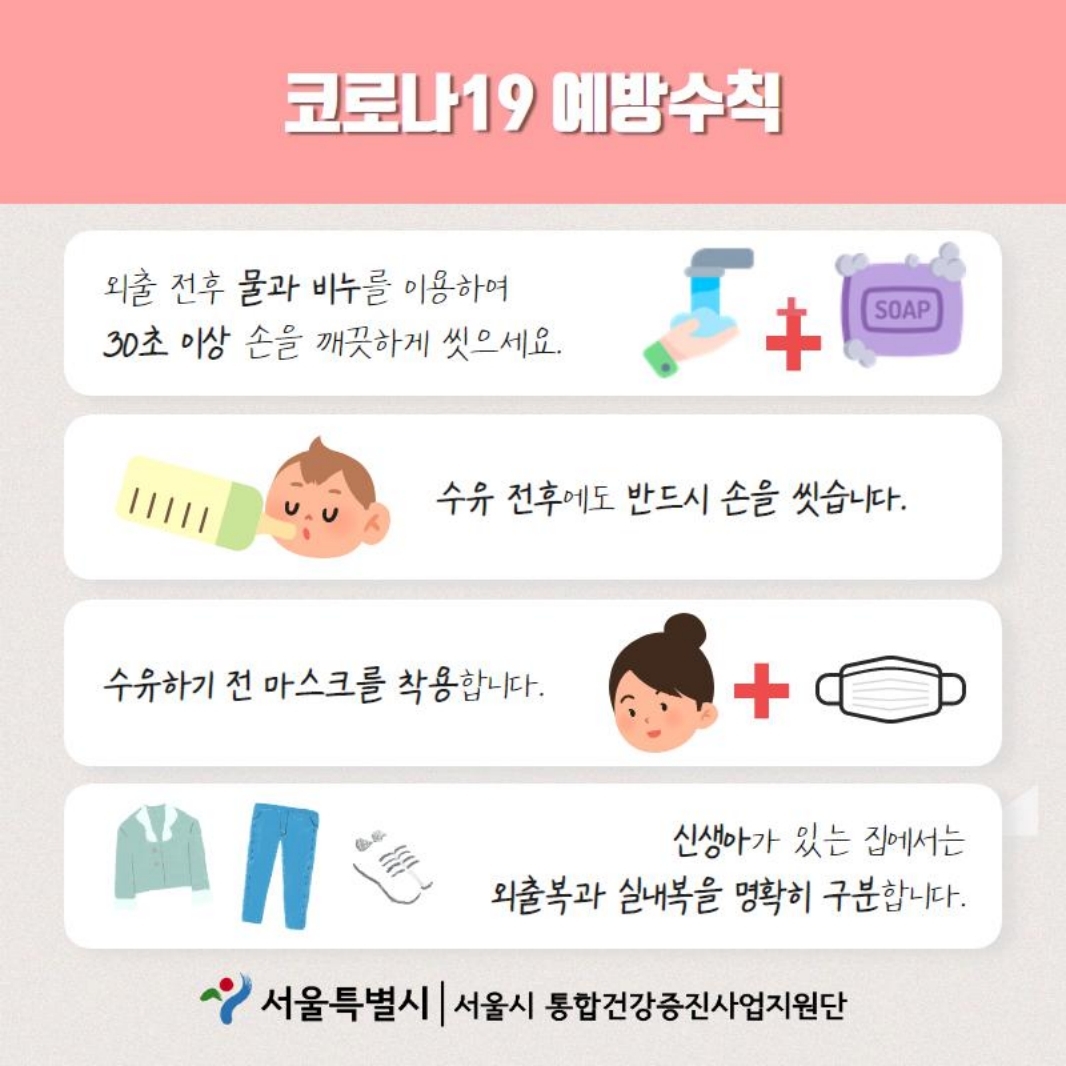 코로나19 예방수칙 외출 전후 물과 비누를 이용하여 30초 이상 손을 깨끗하게 씻으세요. 수유 전후에도 반드시 손을 씻습니다. 수유하기 전 마스크를 착용합니다. 신생아가 있는 집에서는 외출복과 실내복을 명확히 구분합니다.