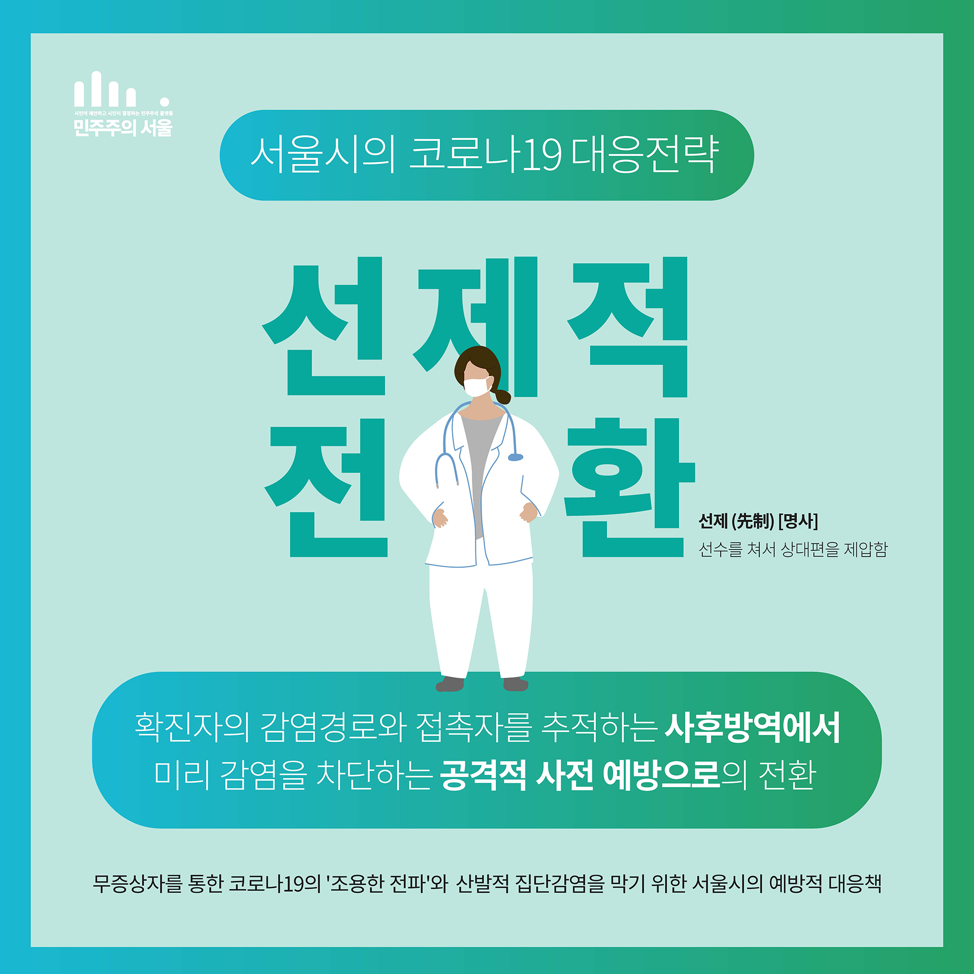 서울시의 코로나19 대응전략, 선제적전환-선제(先制)[명사]]선수를 쳐서 상대편을 제압함, 확진자의 감염경로와 접촉자를 추적하는 사후방역에서 미리 감염을 차단하는 공격적 사전 예방으로의 전환, 무증상자를 통한 코로나19의 ＇조용한 전파＇와 산발적 집단감염을 막기 위한 서울시의 예방적 대응책