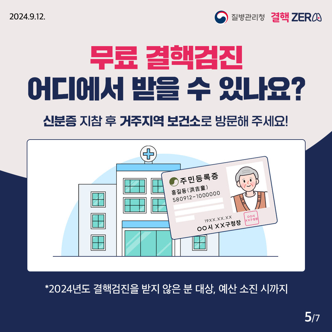 2024.9.12 질병관리청 결핵ZERO 무료 결핵검진 어디에서 받을 수 있나요? 신분증 지참 후 거주지역 보건소로 방문해 주세요! *2024년도 결핵검진을 받지 않은 분 대상, 예산 소진 시까지 5/7