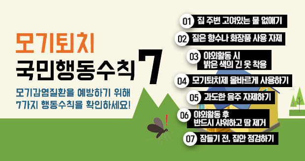 모기퇴치 국민행동수칙 7
모기감염질환을 예방하기 위해 7가지 행동수칙을 확인하세요!
01 집 주변 고여있는 물 없애기
02 짙은 향수나 화장품 사용 자제
03 야외활동 시 밝은 색의 긴 옷 착용
04 모기퇴치제 올바르게 사용하기
05 과도한 음주 자제하기
06 야외활동 후 반드시 샤워하고 땀 제거
07 잠들기 전, 집안 점검하기