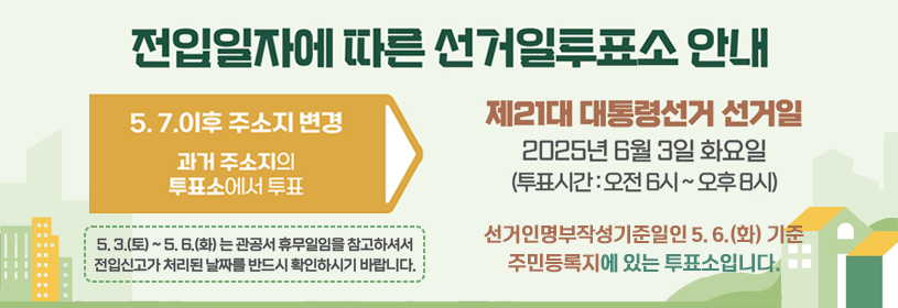 전입일자에 따른 선거일투표소 안내

5. 7. 이후 주소지 변경
과거 주소지의 투표소에서 투표

5. 3.(토) ~ 5. 6.(화)는 관공서 휴무임을 참고하셔서
전입신고가 처리된 날짜를 반드시 확인하시기 바랍니다.

제21대 대통령선거 선거일
2025년 6월 3일 화요일
(투표시간: 오전 6시 ~ 오후 8시)

선거인명부작성기준일인 5. 6.(화) 기준
주민등록지에 있는 투표소입니다.