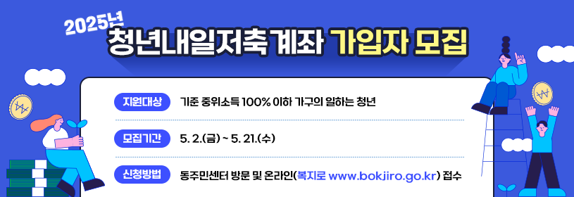 2025 청년내일저축계좌 가입자 모집
지원대상: 기준 중위소득 100% 이하 가구의 일하는 청년
모집기간: 5. 2.(금) ~ 5. 21.(수)
신청방법: 동주민센터 방문 및 온라인(복지로 www.bokjiro.go.k) 접수