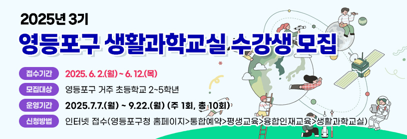 2025년 3기
영등포구 생활과학교실 수강생 모집
2025. 6. 2.(월) ~ 6. 12.(목) 접수기간
모집대상 영등포구 거주 초등학교 2~5학년
운영기간 2025.7.7.(월) ~ 9.22.(월) (주 1회, 총 10회)
신청방법 인터넷 접수(영등포구청 홈페이지>통합예약>평생교육>융합인재교육>생활과학교실)