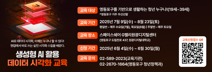 생성형AI 활용 데이터시각화 교육
AI로 데이터 시각화, 이제는 누구나 할 수 있다! 현업에서 바로 쓰는 실전 시각화 스킬을 배운다.
교육대상: 영등포구를 기반으로 생활하는 청년 누구나(19~39세)
 * 영등포구 거주 우선선발
교육기간: 2025년 7월 9일(수) ~ 8월 23일(토)
 평일반 - 매주 수요일(7월), 목요일(8월)|주말반-매주 토요일
교육장소: 스페이스쉐어 G밸리 원광디지털센터(영등포구 도림천로 437, 원광디지털대학교)
신청기간: 2025년 6월 4일(수) ~ 6월 30일(월)
교육문의: 02-589-2023(교육기관)
 02-2670-1664