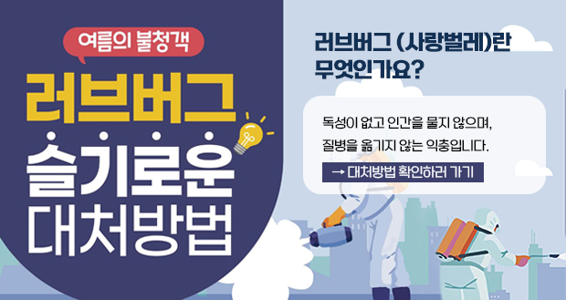 여름의 불청객
러브버그 슬기로운 대처방법

러브버그(사랑벌레)란 무엇인가요?
독성이 없고 인간을 물지 않으며, 
질병을 옮기지 않는 익충입니다.
대처방법 확인하러 가기