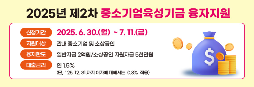2025년 제2차 중소기업육성기금 융자지원
신청기간: 2025. 6. 30.(월)  ~ 7. 11.(금)
지원대상: 관내 중소기업 및 소상공인
융자한도: 일반자금 2억원/소상공인 지원자금 5천만원
대출금리 : 연 1.5% (단,＇25. 12. 31.까지 이자에 대해서는 0.8% 적용)