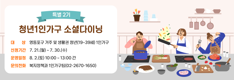 청년1인가구 소셜다이닝(특별 2기)

대상: 영등포구 거주 및 생활권 청년(19~39세) 1인가구
신청기간: 7. 21.(월) ~ 7. 30.(수)
운영일정:  8. 2.(토) 10:00 ~ 13:00 간
문의전화: 복지정책과 1인가구팀(02-2670-1650)
