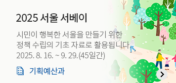 2025 서울 서베이
시민이 행복한 서울을 만들기 위한
정책 수립의 기초 자료로 활용됩니다.
2025. 9. 16. ~ 9. 29.(45일간)
기획예산과