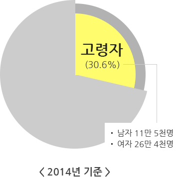 국민기초생활보장수급대상 : 소득이 최저생계비 이하로 기본적인 생계유지를 위해 국가의 보호가 필요한 자, 고령자 30.6% 남자 11만 5천명, 여자 26만 4천명