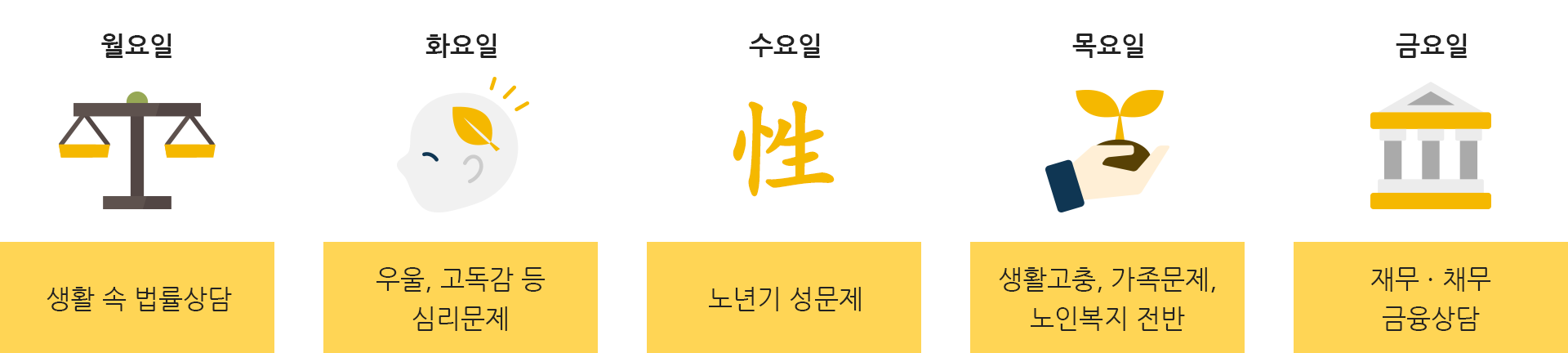 월요일 생활 속 법률상담, 화요일 우울 고독감 등 심리문제, 수요일 노년기 성문제, 목요일 생활고충, 가족문제, 노인복지 전반, 금요일 재무 채무 금융상담
